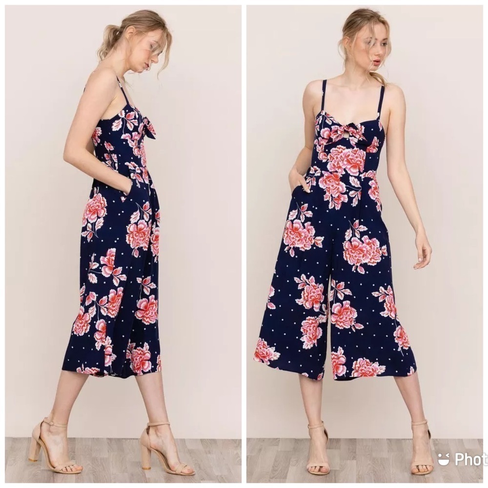 Yumi Kim Pretty Chic Jumpsuit Floral Affair Navy Blue Polka Dot Sz M Sleeveless‎